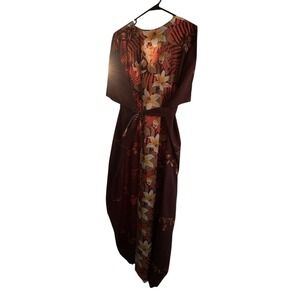 Vtg HILO HATTIE Hawaiian Brown & Orange Floral Kaftan Mumu Dress - One Size / OS